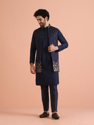 Men Off White Woven Design Kurta Jacket