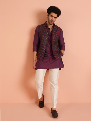 Men Off White Woven Design Kurta Jacket