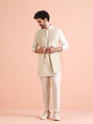 Men Off White Woven Design Kurta Jacket