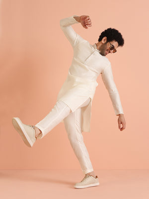 Men Off White Woven Design Kurta Jacket